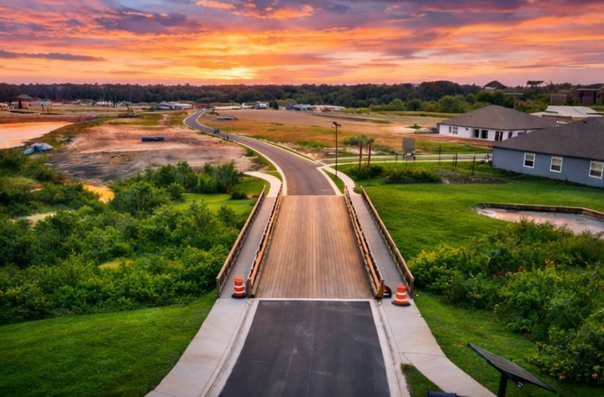 Applewood Bridge Approach Sunset — AeroLakeland drone photography