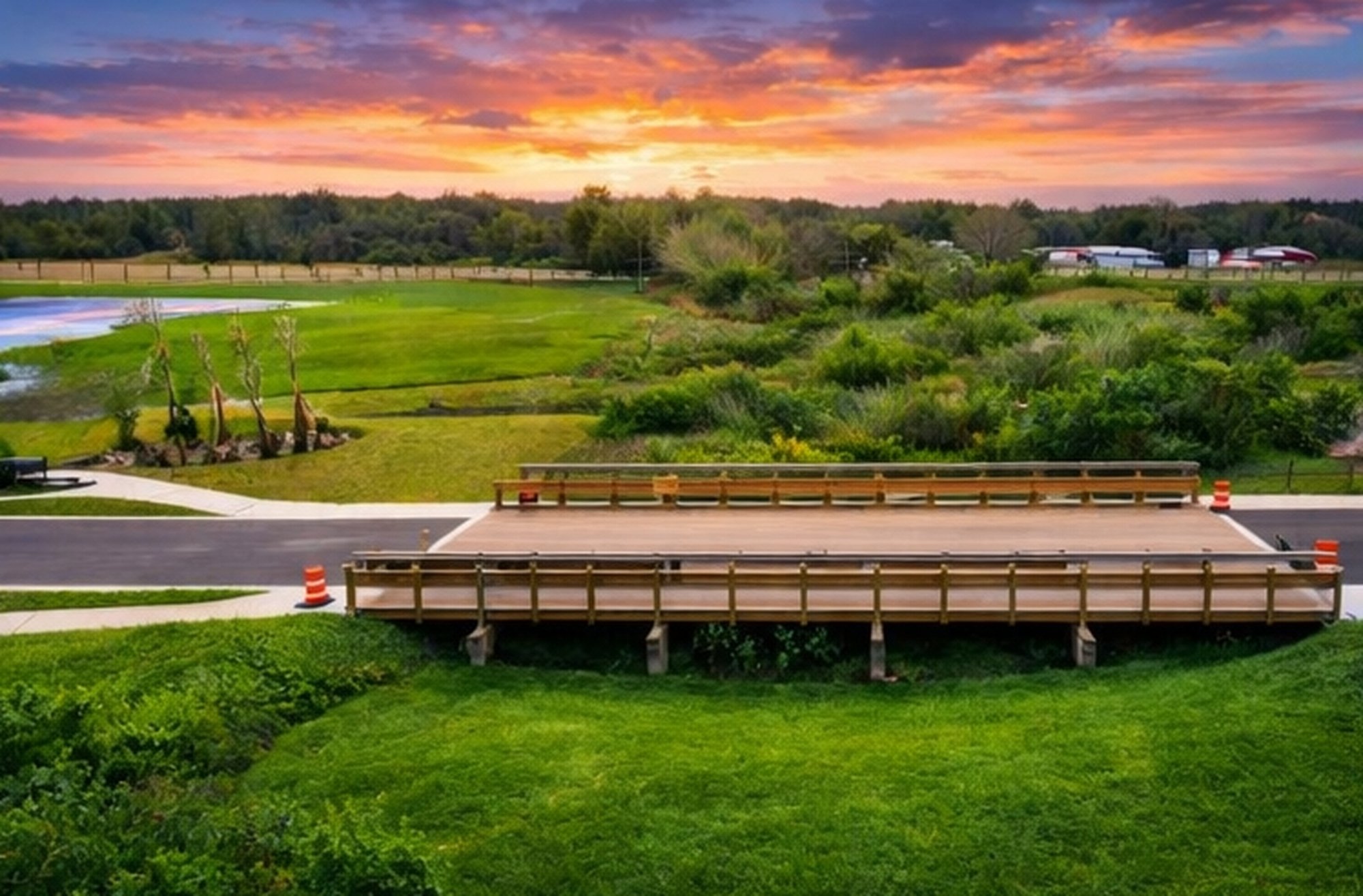 Applewood Bridge Overview Sunset — AeroLakeland drone photography